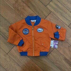 Blueberi Boulevard Orange Space Bomber Jacket with Patches